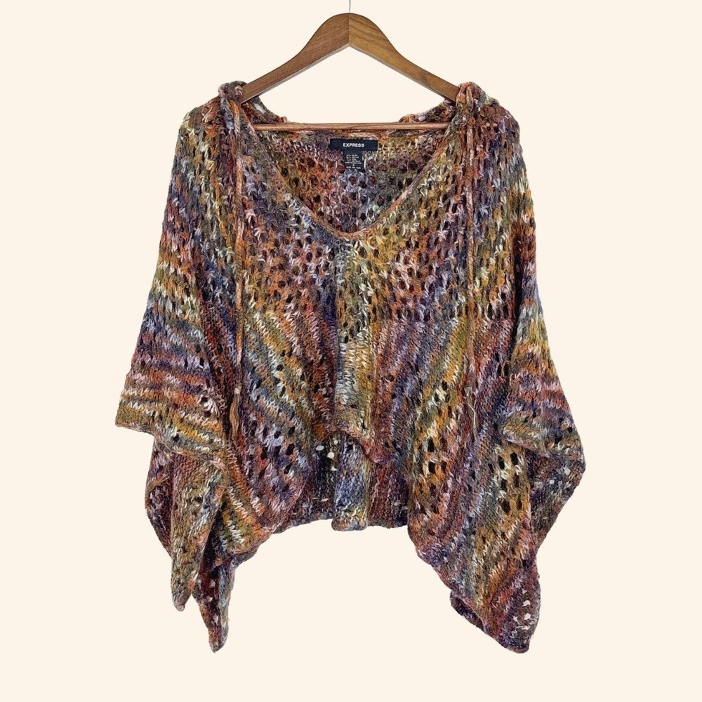 Vintage 90s Express Multicolor Open Knit Poncho Sweater Wool Blend S